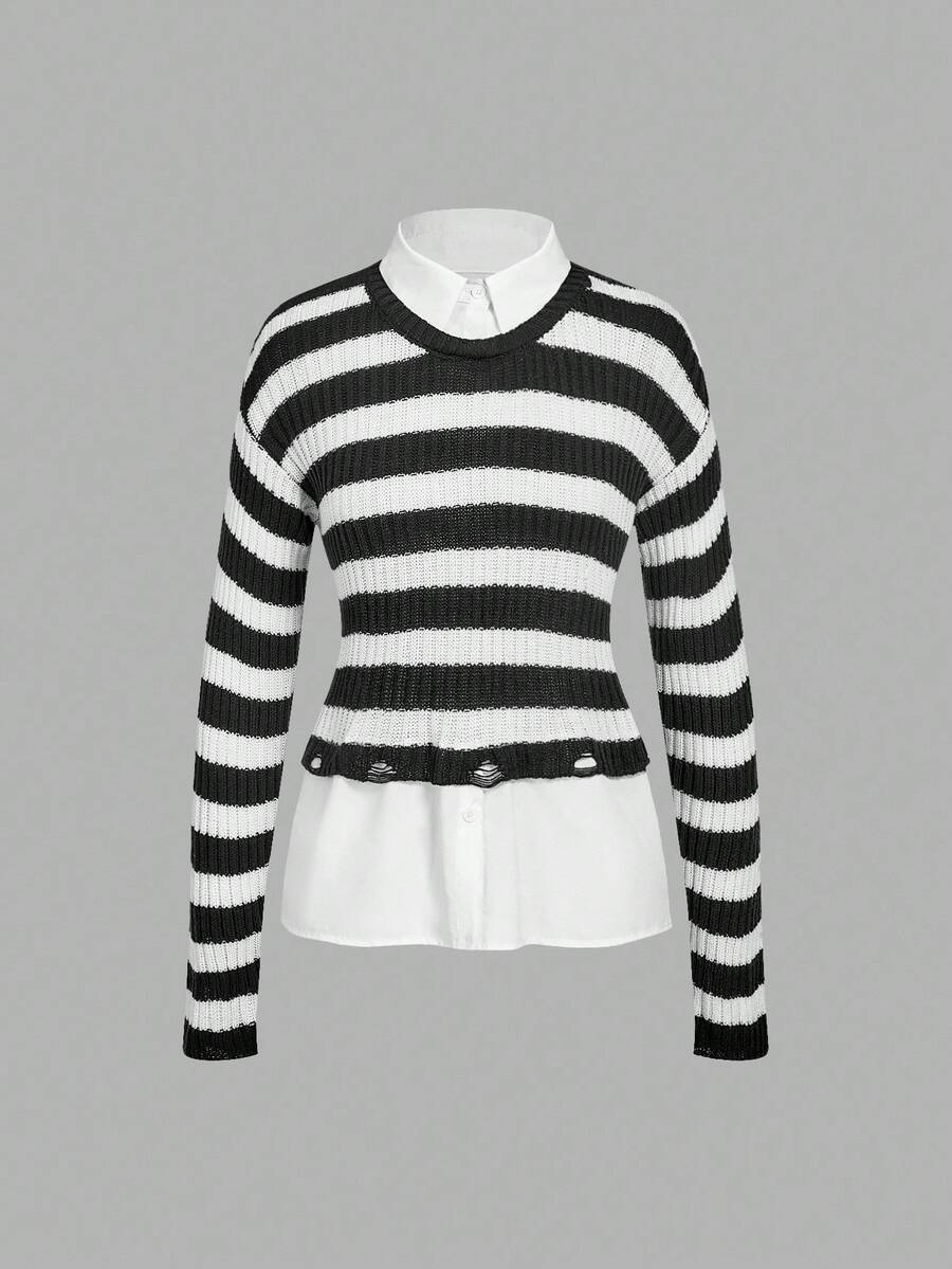 Skyraze Casual Patchwork Striped Distressed Knit Sweater In Fall/Winter