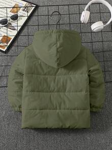 SHEIN Young Boys Casual Thick Hooded Jacket, Comfortable For School, Commute, Leisure, Street Style, Party & Outdoor Play, Autumn/Winter Fall - Army Green - View 5