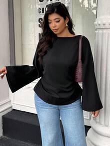 Easura Plus Size Solid Color Boat Neck Asymmetric Hem Elegant Bell Sleeve Blouse, Plus Size Black Tops Bell Sleeve Top Plus