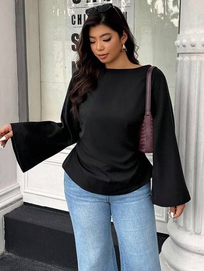 Calvaya Plus Size Solid Color Boat Neck Asymmetric Hem Elegant Bell Sleeve Blouse, Plus Size Black Tops Bell Sleeve Top Plus