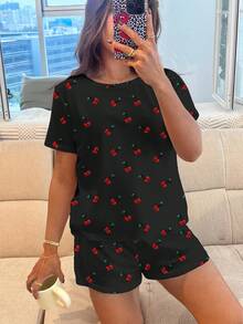 SHEIN Leap Crew 可爱迷你樱桃印花“Chill Chill Summer”女童休闲简约圆领短袖短裤睡衣套装，适合夏季 - 彩色 - 查看 3