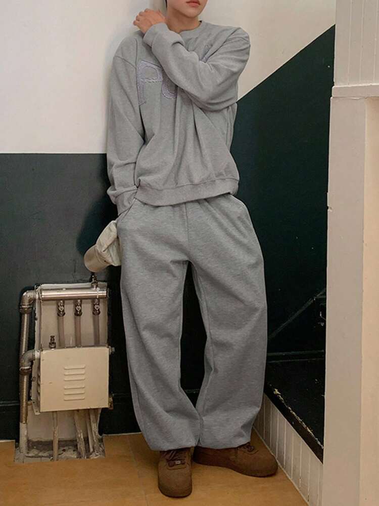 Men's Applique Embroidered Drawstring Sweatpants And Pullover Sweatshirt Set, Autumn/Winter