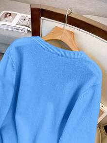 SHEIN LUNE Women's Round Neck Single-Breasted Casual Elegant Plus Size Long Sleeve Cardigan - Blue - View 6