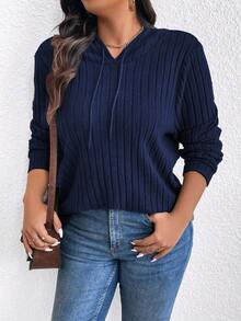 Plus Size Women's Solid Color Hooded Drawstring Drop Shoulder Long Sleeve Casual Ribbed Loose Sweatshirt - Navy Blue - View 6