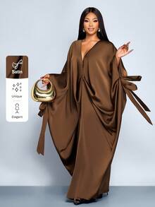 SOLERSUN Đầm dài xếp ly tay cánh dơi cổ chữ V sâu, dáng rộng, màu trơn, thời trang mới cho nữ mùa thu đông cỡ lớn, váy thường ngày, mùa trở lại trường, lễ Tạ ơn, lễ Halloween, váy màu trơn, quần áo mùa thu đông - màu nâu - Xem 1