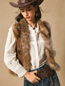 Easelle Veste sans manches vintage avec col en fourrure, laçage à œillets, style nomade. Gilet en fourrure pour femmes, vêtements western, Top en fourrure, hauts western pour l'automne/l'hiver - Tabac - Voir 1