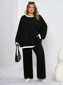 SHEIN CURVE+ Bộ 2 chiếc/Bộ áo thun cổ tròn tay dài phối viền màu tương phản cỡ lớn kèm quần dài ống xẻ tà, quần áo mùa đông cho nữ - màu đen - Xem 3