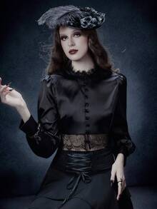 Glisette Women's Black Backless Bowknot Strap Elegant Casual Button Lace Patchwork Sexy Short Black Long Sleeve Satin Blouse - Black - View 7