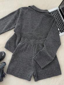 Muvela 女式 Polo 领长袖羊毛衫和短裤两件套，温暖舒适，精致刺绣，复古学院风，休闲日常穿着，返校，下午茶，复古美学，秋季 - 灰色 - 查看 5