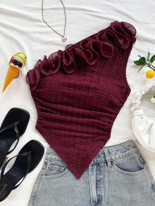 Soleia Romantic Floral Trim Fitted One Shoulder Blouse, Suitable For Vacation, Music Festival, Bohemian, Holiday Date, Afternoon Tea Burgundy - Burgundy - View 7