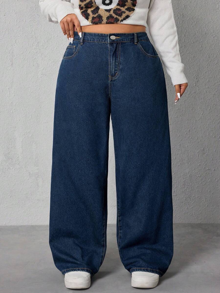 SHEIN ICON Jeans de talle alto y pierna recta de talla grande - Neblina azul - Ver 1