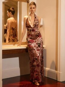 Poéselle 天鹅绒露背花卉印花连衣裙 - 彩色 - 查看 4