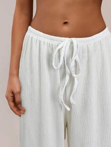 SHEIN Forever 21 Women's Solid Color Drawstring Waist Wide Leg Loose Casual Pants - White - View 6