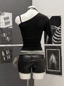 StreetHx Áo thun nữ cổ lệch, xếp ly, màu tương phản, ôm vai, thời trang nữ - màu đen - Xem 2