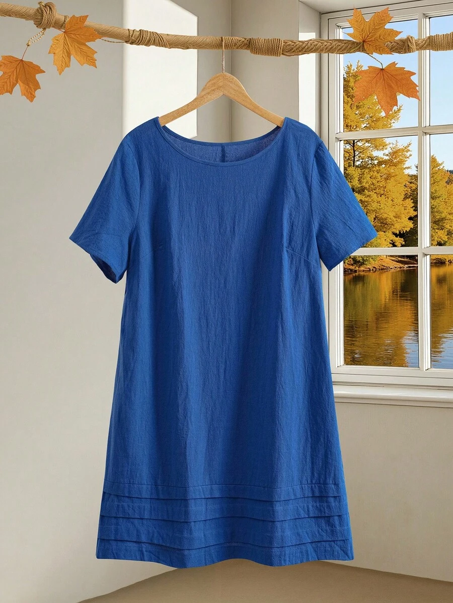 EMERY ROSE Plus Size Women Summer Royal Blue Solid Round Neck Short Sleeve Straight Casual Dress,Vacation Outfits Boho,Smart Casual Holiday Outfits For Women - Blue - View 1