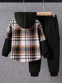 SHEIN 2pcs/Set Young Boy Casual Plaid Patchwork Hooded Jacket And Sweatpants Set, Suitable For Autumn/Winter Fall - Multicolor - View 2