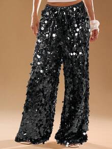 SHEIN BAE Quần ống rộng ống rộng thắt eo sequin thời trang cho nữ - màu đen - Xem 5