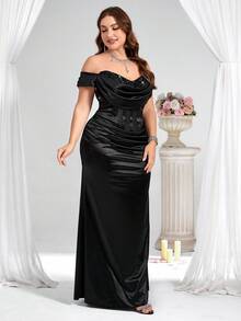 Coutiva Vestido de noche formal con hombros descubiertos, patchwork y lentejuelas para tallas grandes