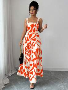 Selianne 女式夏季新款休闲细肩带腰部喇叭形几何印花连衣裙 - 彩色 - 查看 3