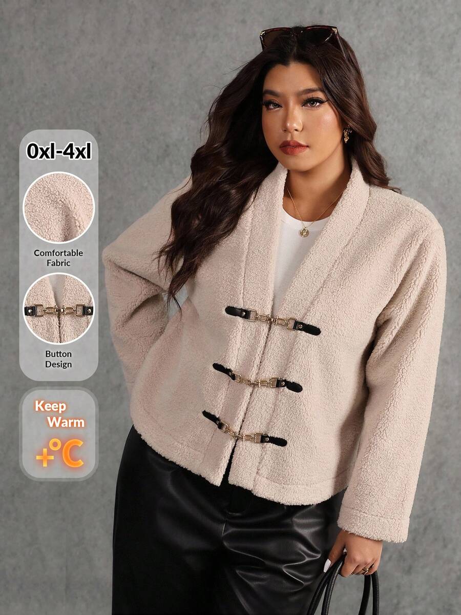 Elaquor Plus Size Women Casual Minimalist Versatile All-Match Urban Chic Loose Jacket, Thick For Autumn/Winter Cardigan For Women Fall/Winter - Khaki - View 1