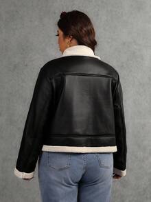 Elaquor Plus Size Women's Fashion Motorcycle PU Leather Thermal Lined Zip-Up Jacket Plus Size Winter Clothes Plus Size Jacket Streetwear Plus Size