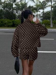 Muchica 2025 秋季女式波点印花长袖拉链夹克和短裤休闲宽松两件套，Y2K 风格返校 2000 年代街头服饰、垃圾摇滚和朋克时尚 - 彩色 - 查看 2