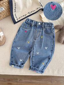 SHEIN Baby Girl Y2K Colorful Heart Embroidered Loose Flared Denim Pants, Blue, Heart Jeans Baby Girl,Fall Clothes,Autumn Clothes ,Casual And Fashionable Vacation Outfits, Baby Jeans Pants Girls, Toddler Girl Jeans Winter - Light Wash - View 9