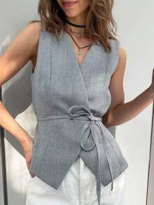 INAWLY Moda feminina casual cor sólida design minimalista camisola amarrada