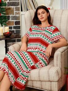 SHEIN Váy ngủ tay ngắn họa tiết tương phản họa tiết Giáng sinh - Nhiều màu - Xem 1