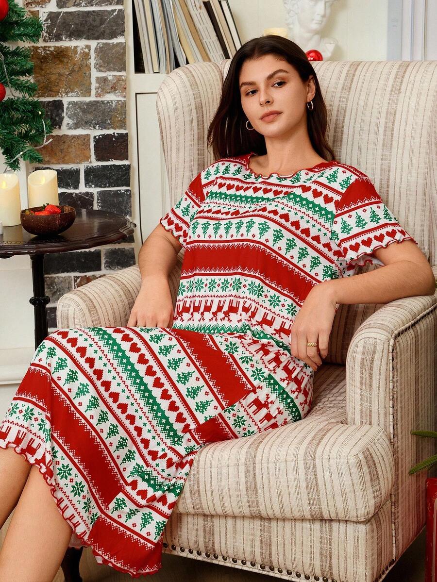 SHEIN Váy ngủ tay ngắn họa tiết tương phản họa tiết Giáng sinh - Nhiều màu - Xem 1
