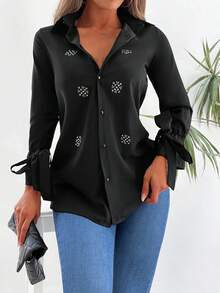 EURMUSE Women's Solid Color Drop Shoulder Fitted Rhinestone Embellished Long Sleeve Casual Shirt - Black - View 1