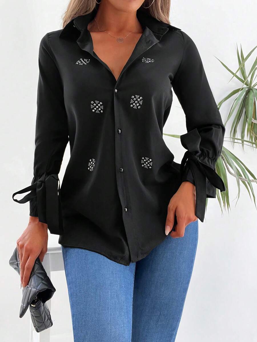 EURMUSE Women's Solid Color Drop Shoulder Fitted Rhinestone Embellished Long Sleeve Casual Shirt - Black - View 1