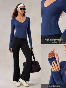 OutZeal Koszulka sportowa na siłownię, treningowa, z długim rękawem i dekoltem w serek, szybkoschnącym, modelującym brzuch, dopasowana do ciała, z otworami na kciuki - Niebieski - Zobacz 4