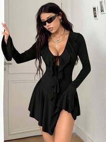 Coolane 女式夏季西部牛仔风 Y2K 弹力荷叶边 V 领系带前褶迷你优雅棕色连衣裙 - 黑色 - 查看 3
