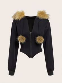 Coolane 女士秋冬街头风 Y2K 酷女孩外出长袖毛绒紧身拉链黑色连帽衫 - 黑色 - 查看 6