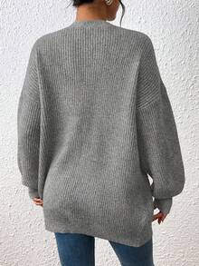 SHEIN LUNE 秋冬休闲纯色落肩宽松开衫 - 深灰色 - 查看 2