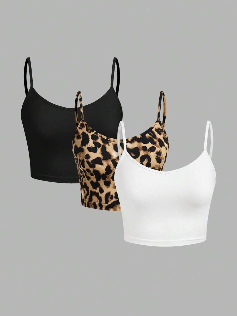 SHEIN EZwear 3 件套女士休闲简约豹纹印花套装 - 短款上衣、吊带背心、短裤、夏季 - 彩色 - 查看 1