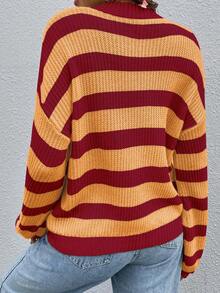 Chiquease Women's Casual Loose Fit Red Striped Round Neck Drop Shoulder Long Sleeve Sweater,Autumn Back-To-School School Fall Winter Striped Sweater - Multicolor - View 2