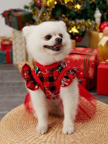 PETSIN Christmas Pet Dress With Mesh Fabric, Bow Tie And Red Black Plaid Pattern - Multicolor - View 3