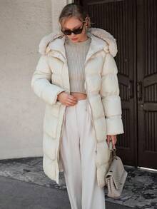 CLARA VERO PADDED HOODED WINTERCOAT WITH ZIPPER - Beige - View 4