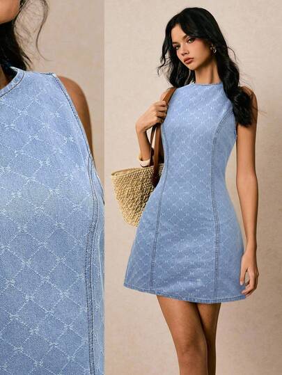 Vintamour 女式蓝色圆领无袖菱形图案修身牛仔连衣裙