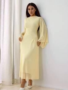 SHEIN PETITE Robe élégante à col asymétrique drapé, ourlet asymétrique, manches évasées, version premium améliorée, couleur jaune bouton d'or - Jaune citron - Voir 4