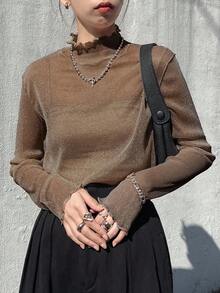 Women's Mesh Sheer High Neck See-Through Blouse, Summer Wear Long Sleeve Top - Brown - View 3