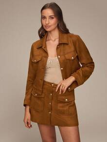 Enchnt Women's Brown And Gold Single-Breasted Cargo Pocket Mini Skirt,Elegant Fashionable Autumn Fall Clothes For Daily Commute,Date,Holiday,Office& - Brown - View 2