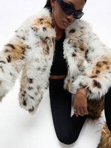 GENKIRA 别致仿皮草豹纹厚夹克，高品质女士秋冬外套 - 彩色 - 查看 5