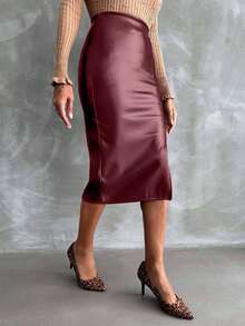 EURMUSE Váy bó sát mini xẻ tà màu trơn mùa thu cho nữ - Màu Đỏ Sâu - Xem 5