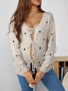 SHEIN Pregnant Women's Embroidered Polka Dot Pattern Knotted Casual Long Sleeve Cardigan Sweater - Apricot - View 3