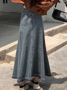 少女时尚休闲 Y2K 复古酷炫街头风返校学院风宽松下摆设计蓝色牛仔裙柔软日常穿着秋冬秋季锐舞节和街头服饰 - 藍色 - 查看 2