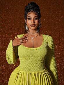 Maweii Plus Size Women Spring Ruffle High Slit Long Sleeve Dress - Green - View 4