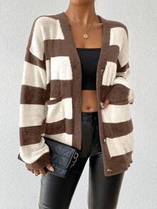 Chiquease Autumn/Winter New Design Striped Faux Mink Fleece Cardigan Sweater For Women - Brown - View 4